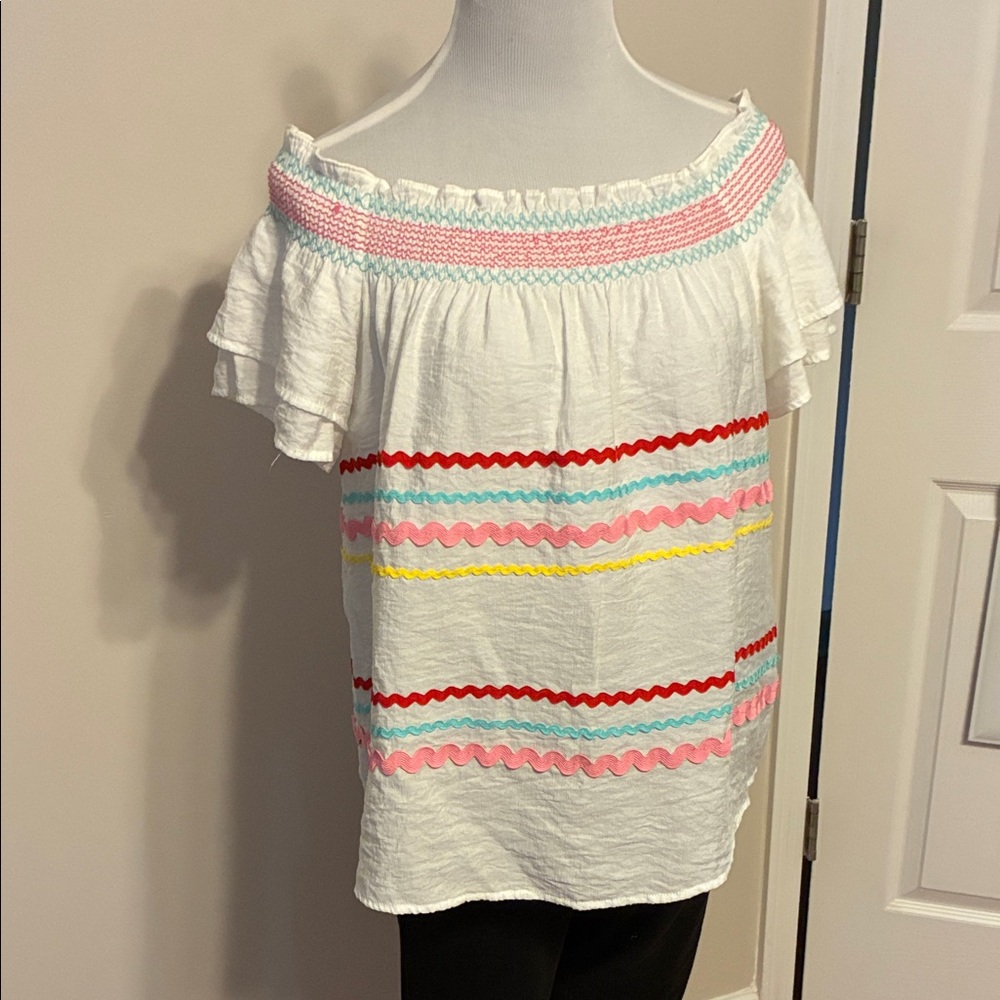 Entro Off-Shoulder Blouse with Colorful Stripes